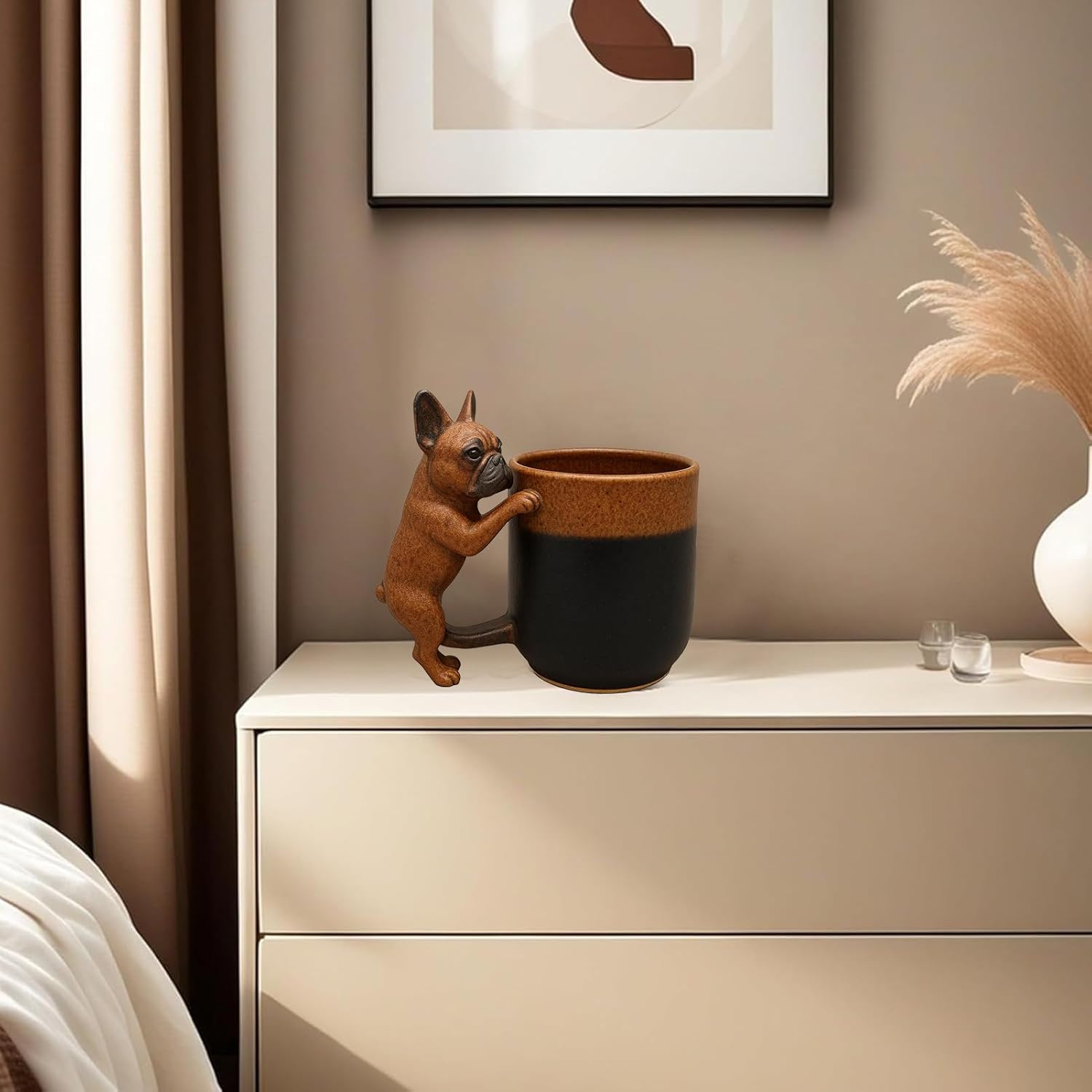 French Bulldog ceramic mug on a bedroom dresser