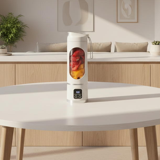 White portable blender with fruits inside on a white background