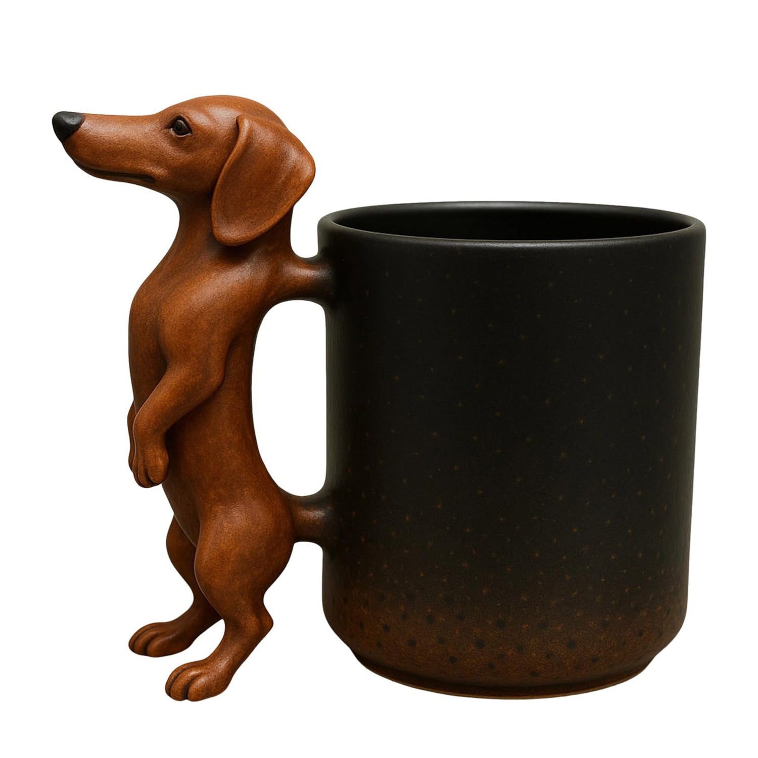 Handmade dachshund ceramic mug, standing style, black and brown