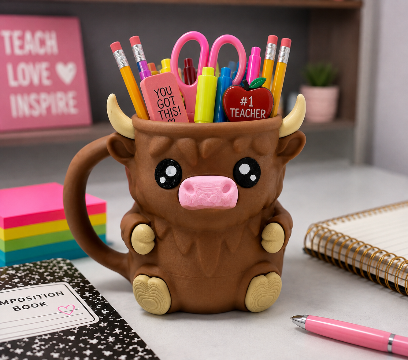 A brown cow-shaped ceramic mug filled with colorful school supplies, including pink scissors, yellow and pink pencils, and pens, set on a desk with notebooks and a pink sign in the background.
